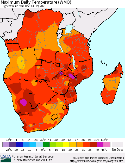 Southern Africa Maximum Daily Temperature (WMO) Thematic Map For 12/13/2021 - 12/19/2021