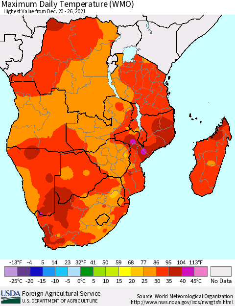 Southern Africa Maximum Daily Temperature (WMO) Thematic Map For 12/20/2021 - 12/26/2021