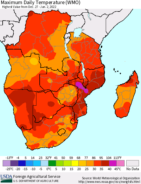 Southern Africa Maximum Daily Temperature (WMO) Thematic Map For 12/27/2021 - 1/2/2022