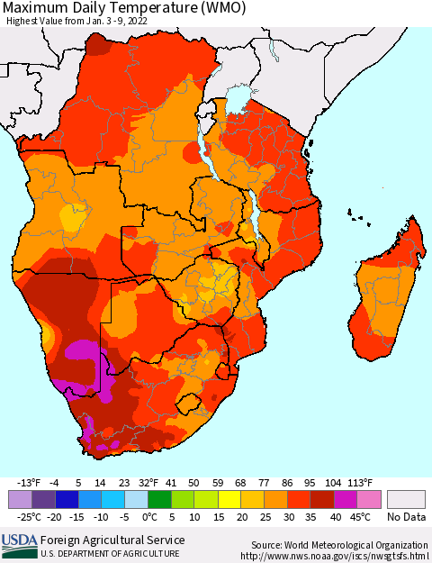 Southern Africa Maximum Daily Temperature (WMO) Thematic Map For 1/3/2022 - 1/9/2022
