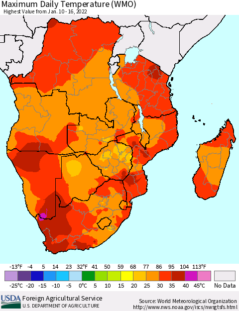 Southern Africa Maximum Daily Temperature (WMO) Thematic Map For 1/10/2022 - 1/16/2022