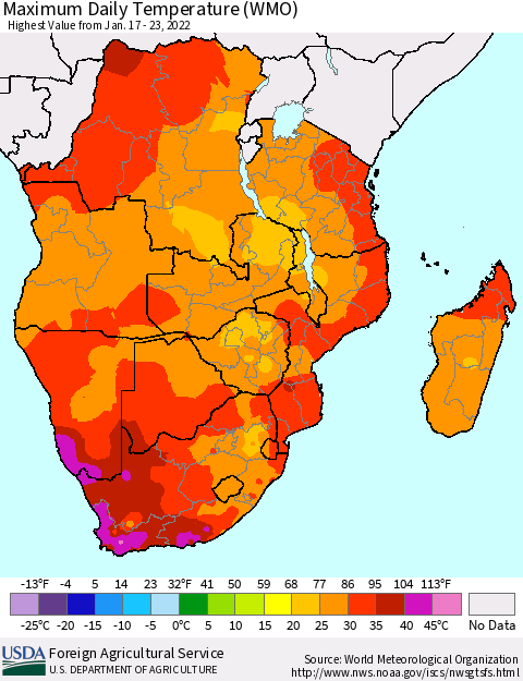 Southern Africa Maximum Daily Temperature (WMO) Thematic Map For 1/17/2022 - 1/23/2022