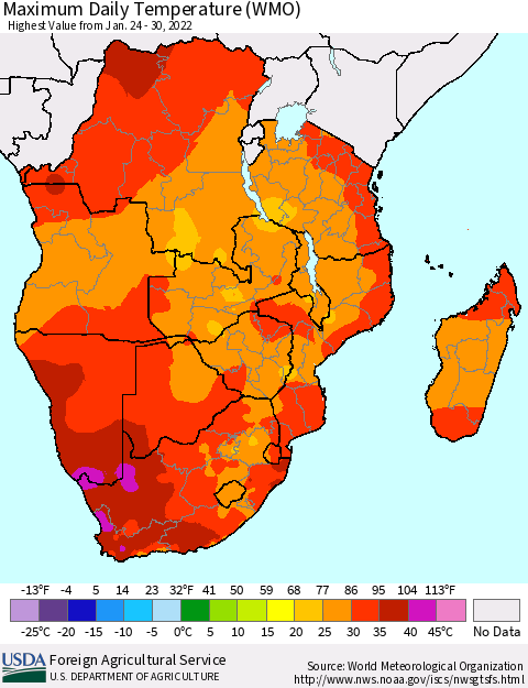 Southern Africa Maximum Daily Temperature (WMO) Thematic Map For 1/24/2022 - 1/30/2022