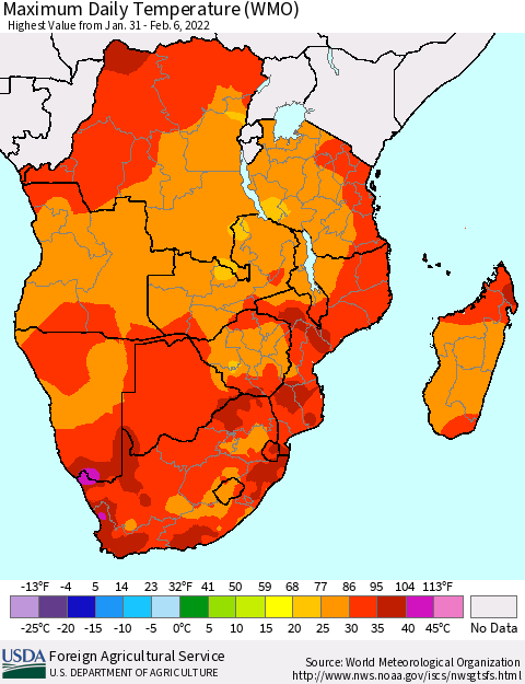 Southern Africa Maximum Daily Temperature (WMO) Thematic Map For 1/31/2022 - 2/6/2022