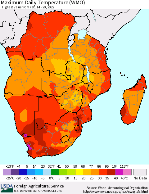 Southern Africa Maximum Daily Temperature (WMO) Thematic Map For 2/14/2022 - 2/20/2022