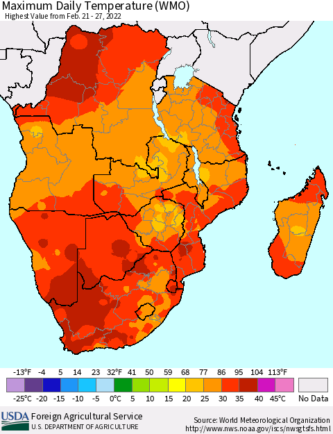 Southern Africa Maximum Daily Temperature (WMO) Thematic Map For 2/21/2022 - 2/27/2022