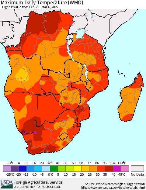 Southern Africa Maximum Daily Temperature (WMO) Thematic Map For 2/28/2022 - 3/6/2022