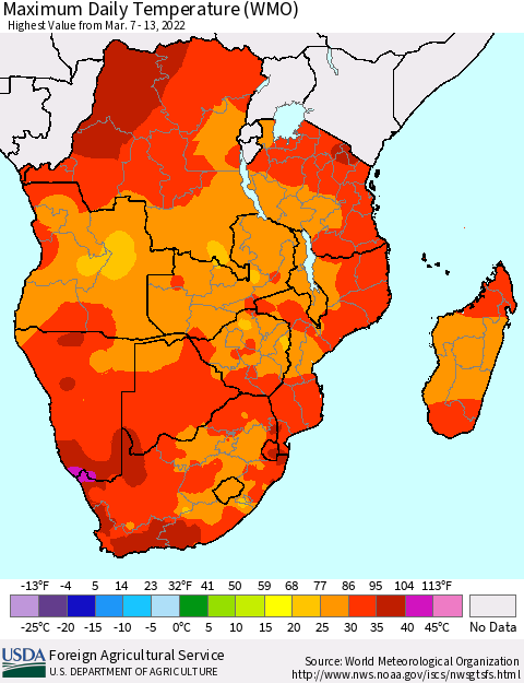 Southern Africa Maximum Daily Temperature (WMO) Thematic Map For 3/7/2022 - 3/13/2022