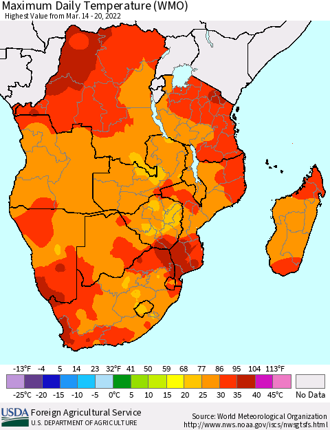 Southern Africa Maximum Daily Temperature (WMO) Thematic Map For 3/14/2022 - 3/20/2022