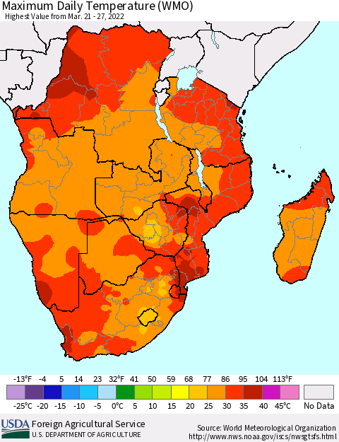 Southern Africa Maximum Daily Temperature (WMO) Thematic Map For 3/21/2022 - 3/27/2022