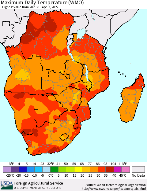 Southern Africa Maximum Daily Temperature (WMO) Thematic Map For 3/28/2022 - 4/3/2022