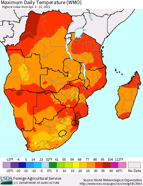 Southern Africa Maximum Daily Temperature (WMO) Thematic Map For 4/4/2022 - 4/10/2022