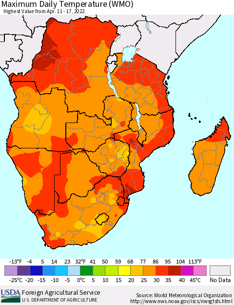 Southern Africa Maximum Daily Temperature (WMO) Thematic Map For 4/11/2022 - 4/17/2022