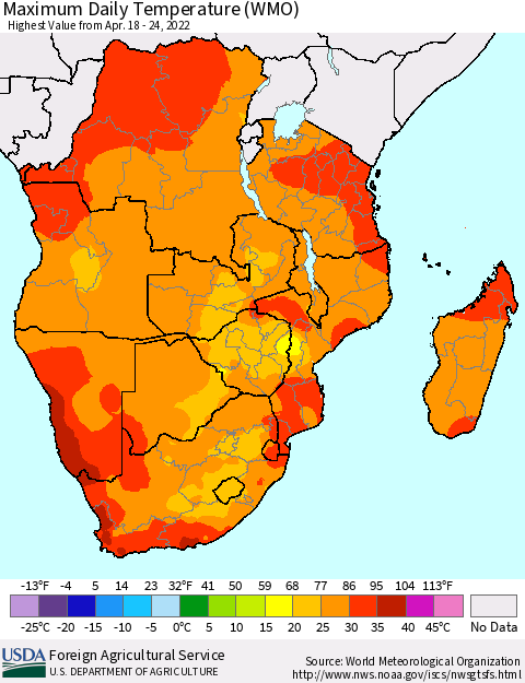 Southern Africa Maximum Daily Temperature (WMO) Thematic Map For 4/18/2022 - 4/24/2022