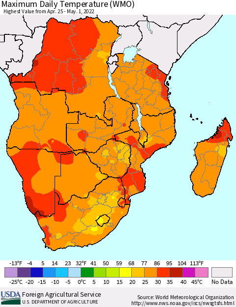 Southern Africa Maximum Daily Temperature (WMO) Thematic Map For 4/25/2022 - 5/1/2022