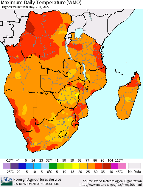 Southern Africa Maximum Daily Temperature (WMO) Thematic Map For 5/2/2022 - 5/8/2022
