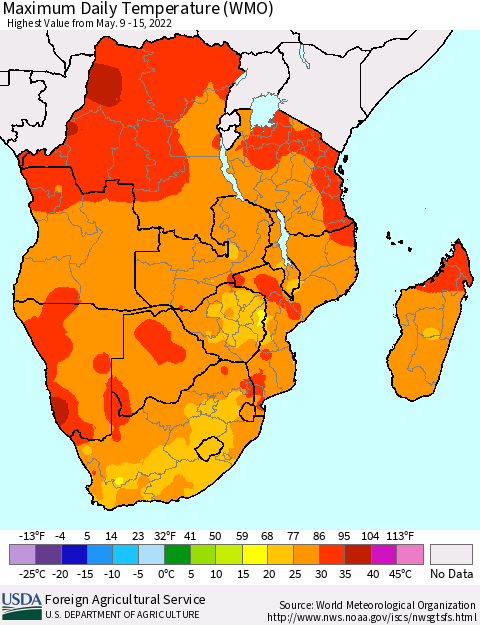Southern Africa Maximum Daily Temperature (WMO) Thematic Map For 5/9/2022 - 5/15/2022