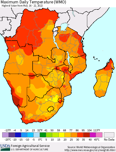 Southern Africa Maximum Daily Temperature (WMO) Thematic Map For 5/16/2022 - 5/22/2022