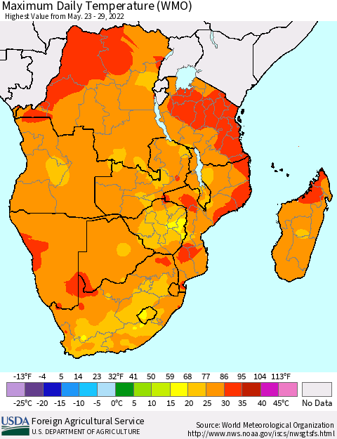 Southern Africa Maximum Daily Temperature (WMO) Thematic Map For 5/23/2022 - 5/29/2022