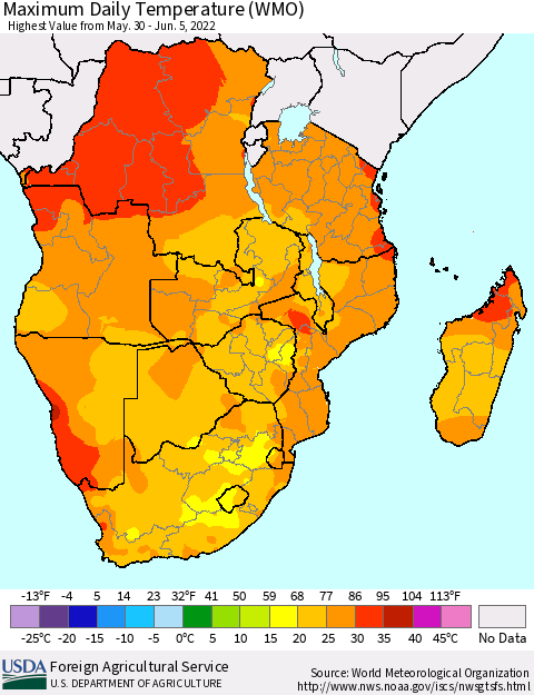 Southern Africa Maximum Daily Temperature (WMO) Thematic Map For 5/30/2022 - 6/5/2022