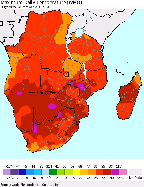 Southern Africa Maximum Daily Temperature (WMO) Thematic Map For 10/2/2023 - 10/8/2023