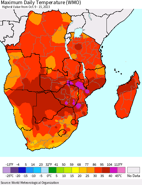 Southern Africa Maximum Daily Temperature (WMO) Thematic Map For 10/9/2023 - 10/15/2023