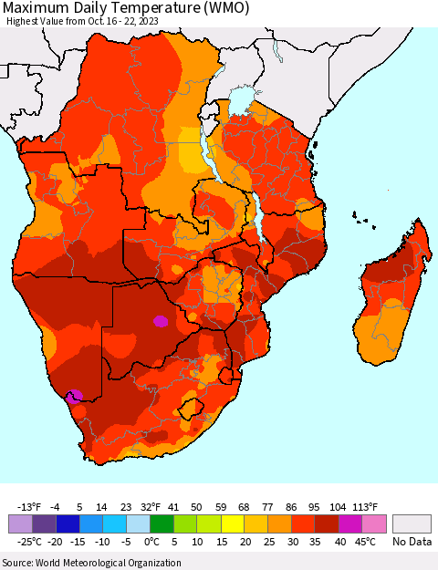 Southern Africa Maximum Daily Temperature (WMO) Thematic Map For 10/16/2023 - 10/22/2023