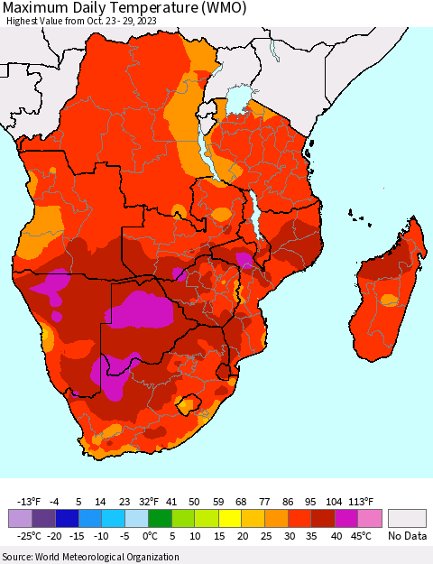 Southern Africa Maximum Daily Temperature (WMO) Thematic Map For 10/23/2023 - 10/29/2023
