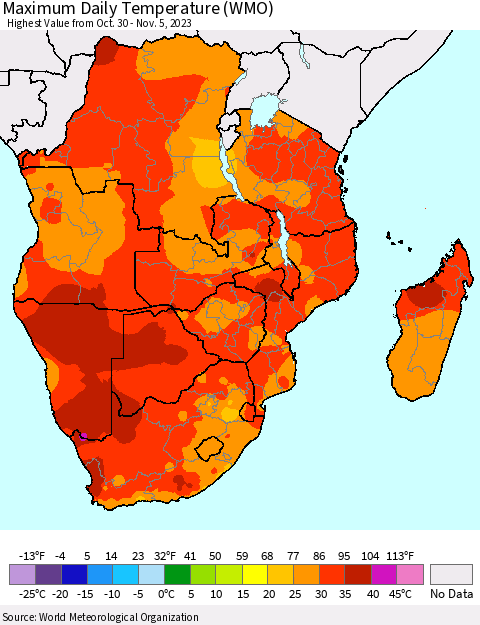 Southern Africa Maximum Daily Temperature (WMO) Thematic Map For 10/30/2023 - 11/5/2023