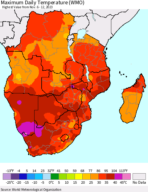 Southern Africa Maximum Daily Temperature (WMO) Thematic Map For 11/6/2023 - 11/12/2023