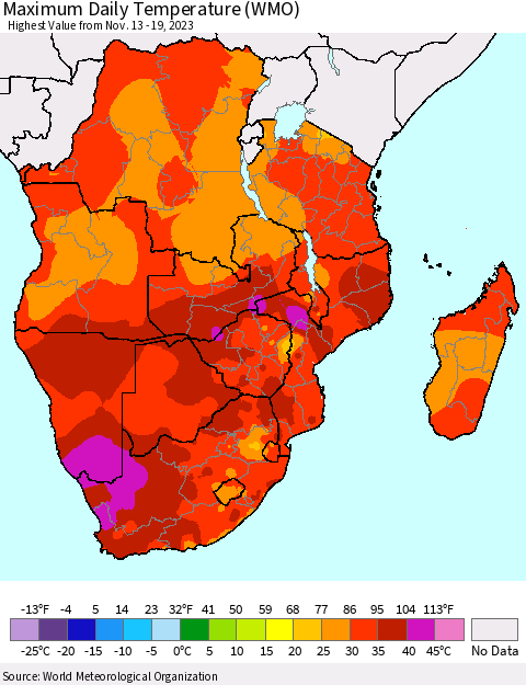Southern Africa Maximum Daily Temperature (WMO) Thematic Map For 11/13/2023 - 11/19/2023