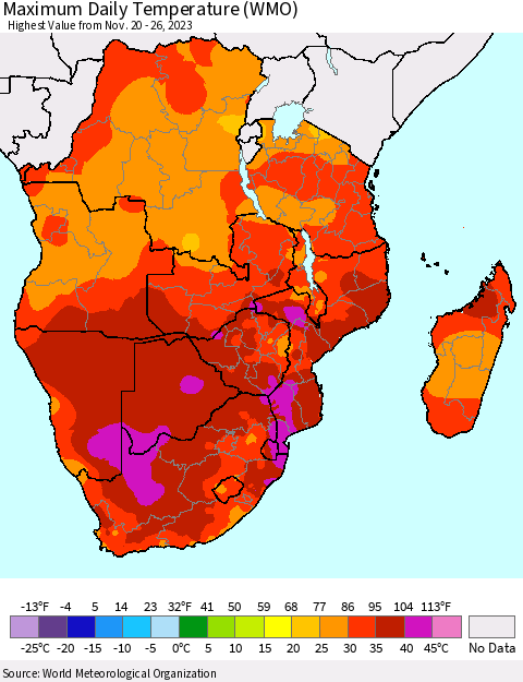 Southern Africa Maximum Daily Temperature (WMO) Thematic Map For 11/20/2023 - 11/26/2023