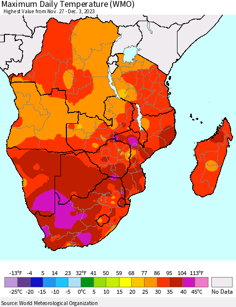Southern Africa Maximum Daily Temperature (WMO) Thematic Map For 11/27/2023 - 12/3/2023