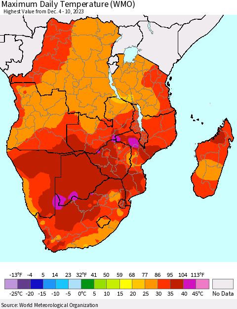 Southern Africa Maximum Daily Temperature (WMO) Thematic Map For 12/4/2023 - 12/10/2023