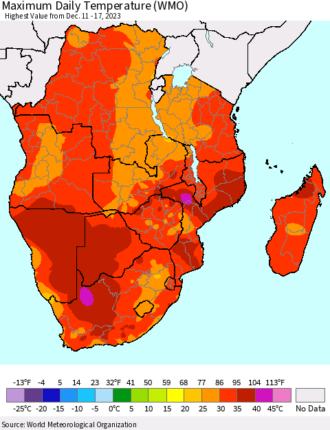 Southern Africa Maximum Daily Temperature (WMO) Thematic Map For 12/11/2023 - 12/17/2023