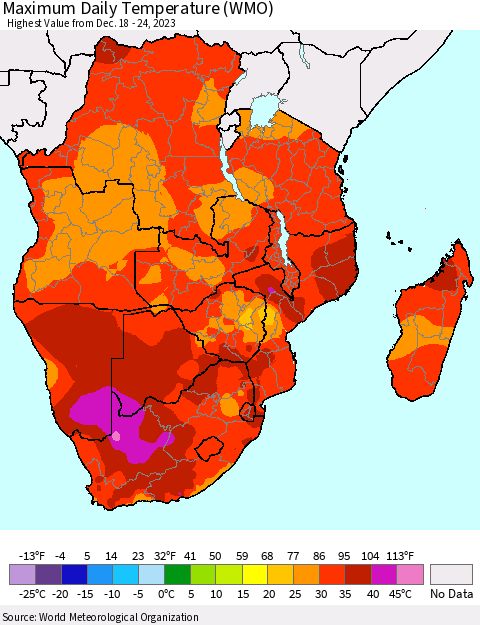 Southern Africa Maximum Daily Temperature (WMO) Thematic Map For 12/18/2023 - 12/24/2023