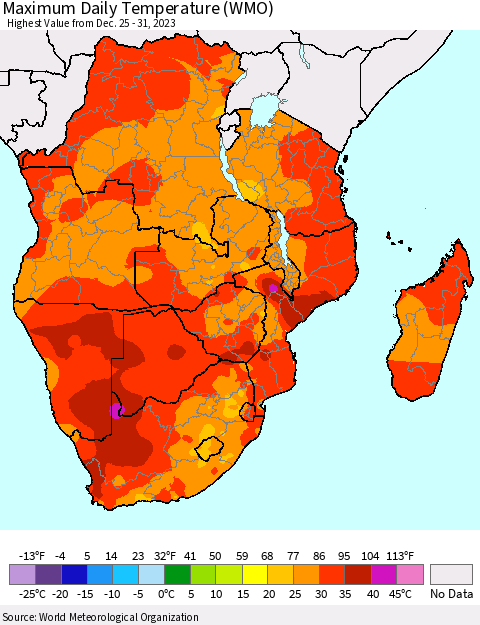 Southern Africa Maximum Daily Temperature (WMO) Thematic Map For 12/25/2023 - 12/31/2023