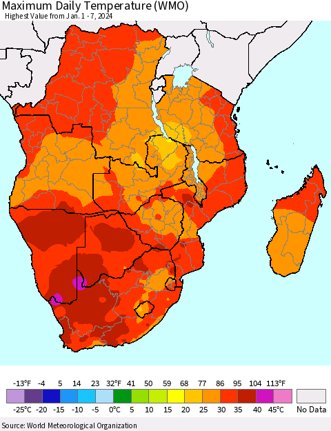 Southern Africa Maximum Daily Temperature (WMO) Thematic Map For 1/1/2024 - 1/7/2024