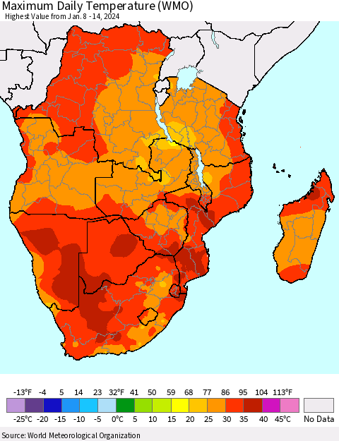Southern Africa Maximum Daily Temperature (WMO) Thematic Map For 1/8/2024 - 1/14/2024