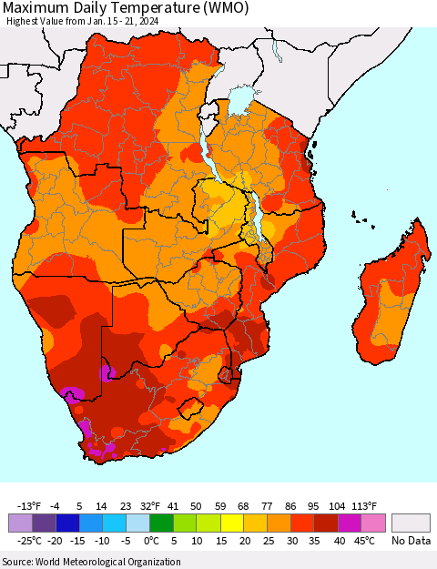 Southern Africa Maximum Daily Temperature (WMO) Thematic Map For 1/15/2024 - 1/21/2024