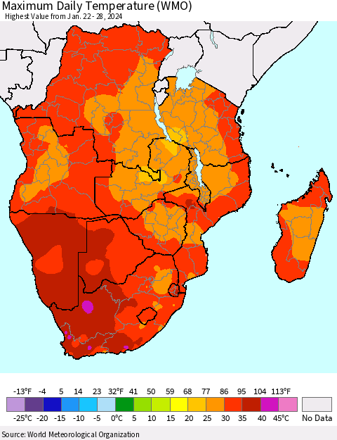 Southern Africa Maximum Daily Temperature (WMO) Thematic Map For 1/22/2024 - 1/28/2024