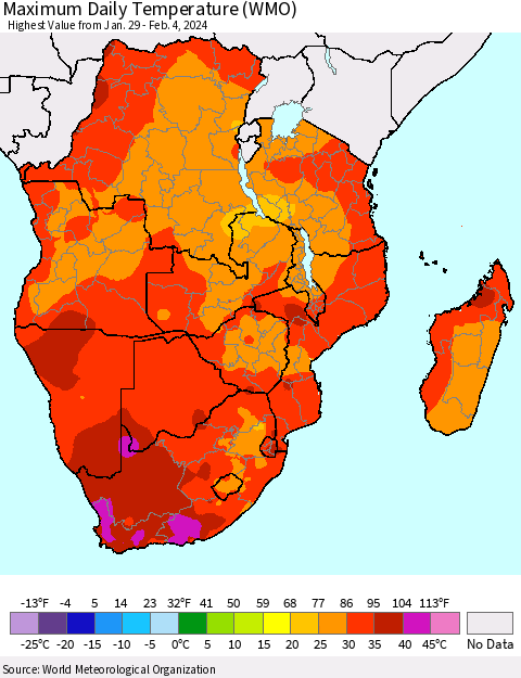 Southern Africa Maximum Daily Temperature (WMO) Thematic Map For 1/29/2024 - 2/4/2024