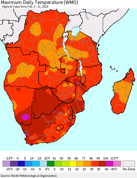 Southern Africa Maximum Daily Temperature (WMO) Thematic Map For 2/5/2024 - 2/11/2024