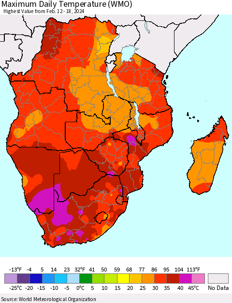 Southern Africa Maximum Daily Temperature (WMO) Thematic Map For 2/12/2024 - 2/18/2024