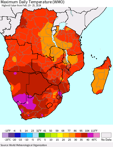 Southern Africa Maximum Daily Temperature (WMO) Thematic Map For 2/19/2024 - 2/25/2024