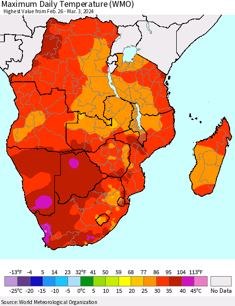 Southern Africa Maximum Daily Temperature (WMO) Thematic Map For 2/26/2024 - 3/3/2024