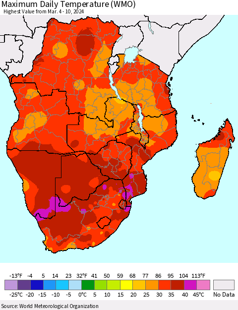 Southern Africa Maximum Daily Temperature (WMO) Thematic Map For 3/4/2024 - 3/10/2024