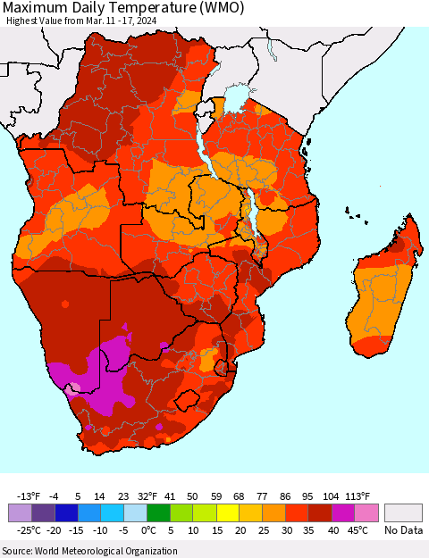 Southern Africa Maximum Daily Temperature (WMO) Thematic Map For 3/11/2024 - 3/17/2024