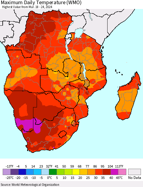 Southern Africa Maximum Daily Temperature (WMO) Thematic Map For 3/18/2024 - 3/24/2024