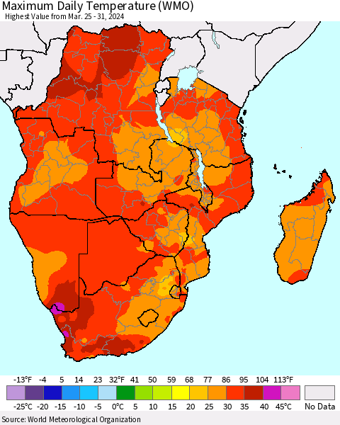 Southern Africa Maximum Daily Temperature (WMO) Thematic Map For 3/25/2024 - 3/31/2024
